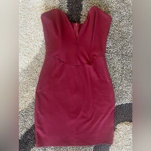 Deep V Sweetheart neckline Strapless Burgundy Red Mini Dress